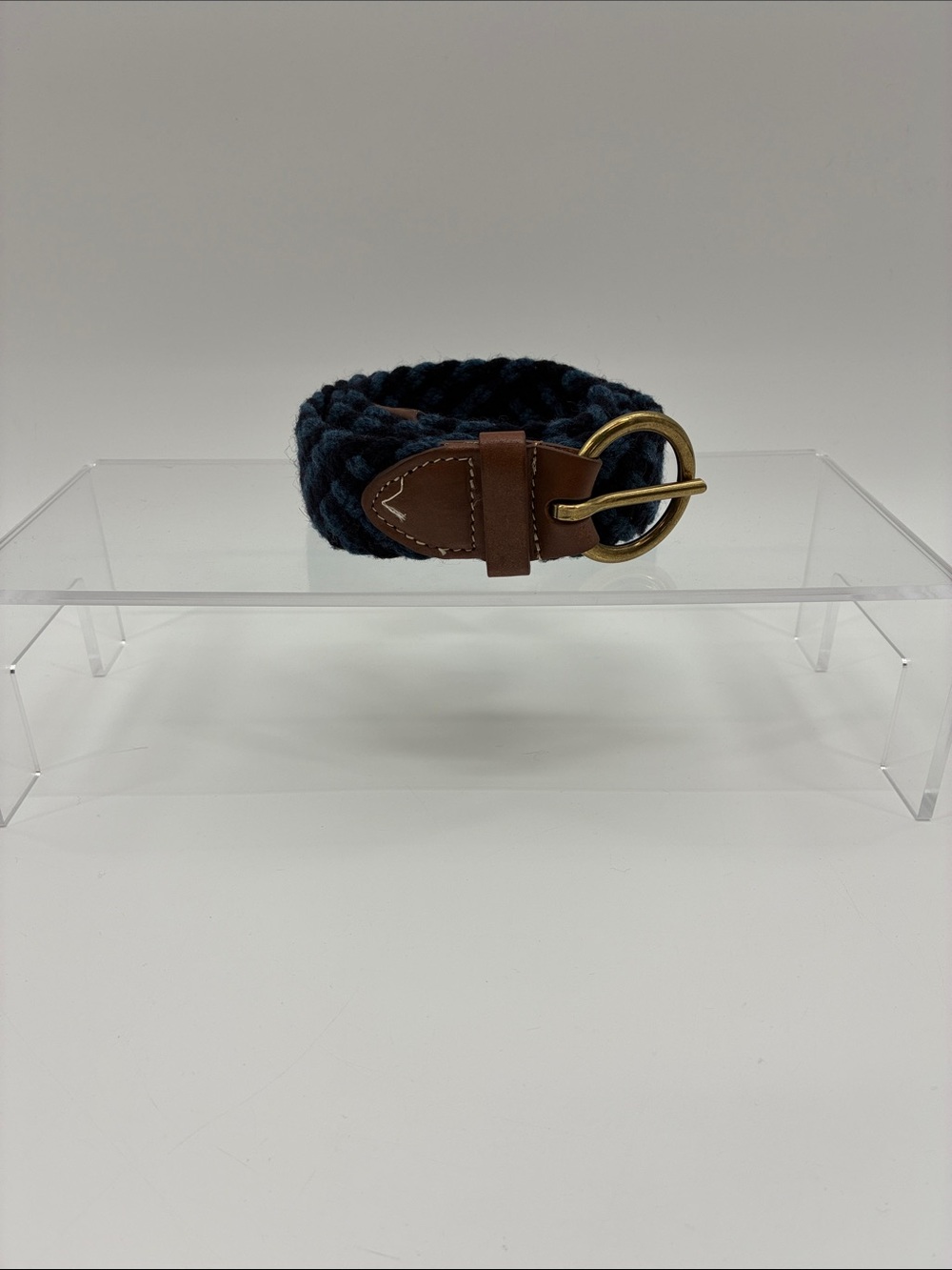 J. McLaughlin Navy Braided Belt with Brown Leather and Brass Buckle